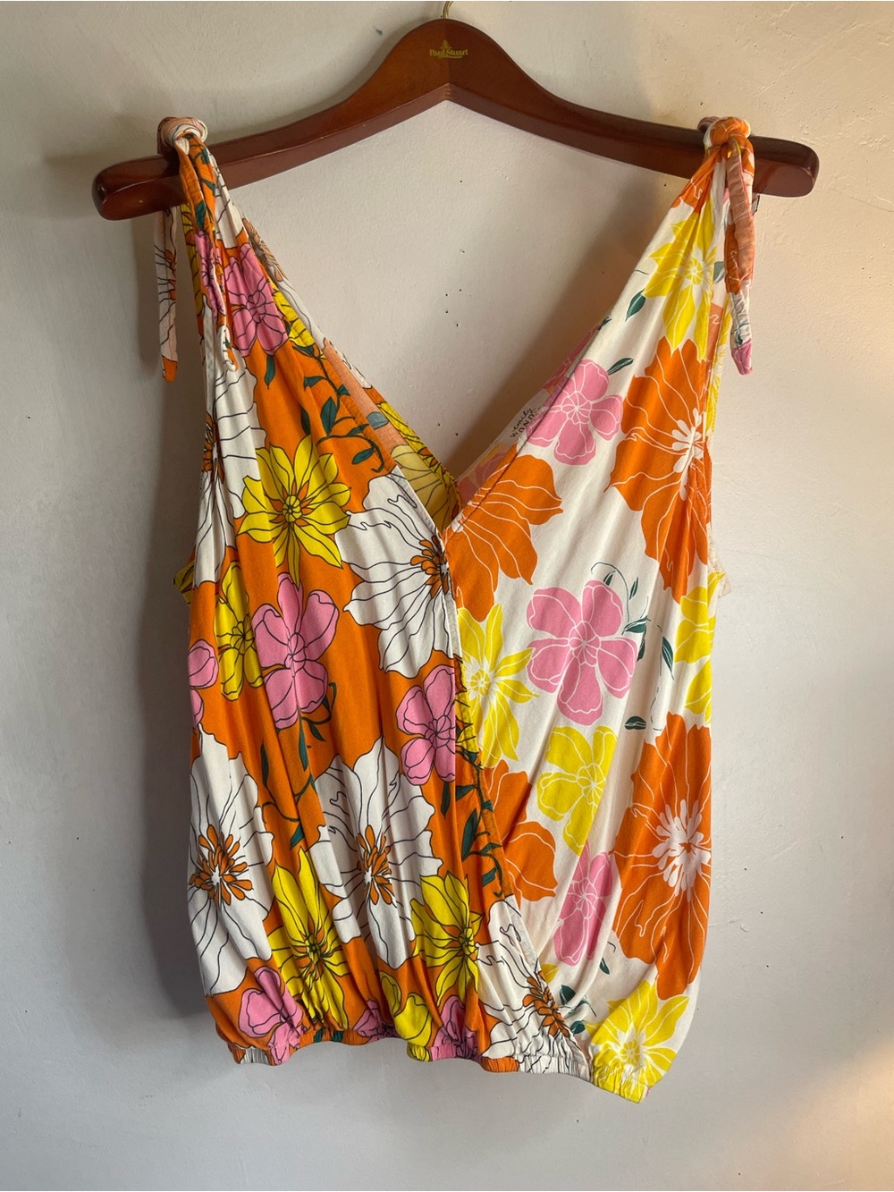 Floral Tie-Shoulder V-Neck Tank Top - Orange/White